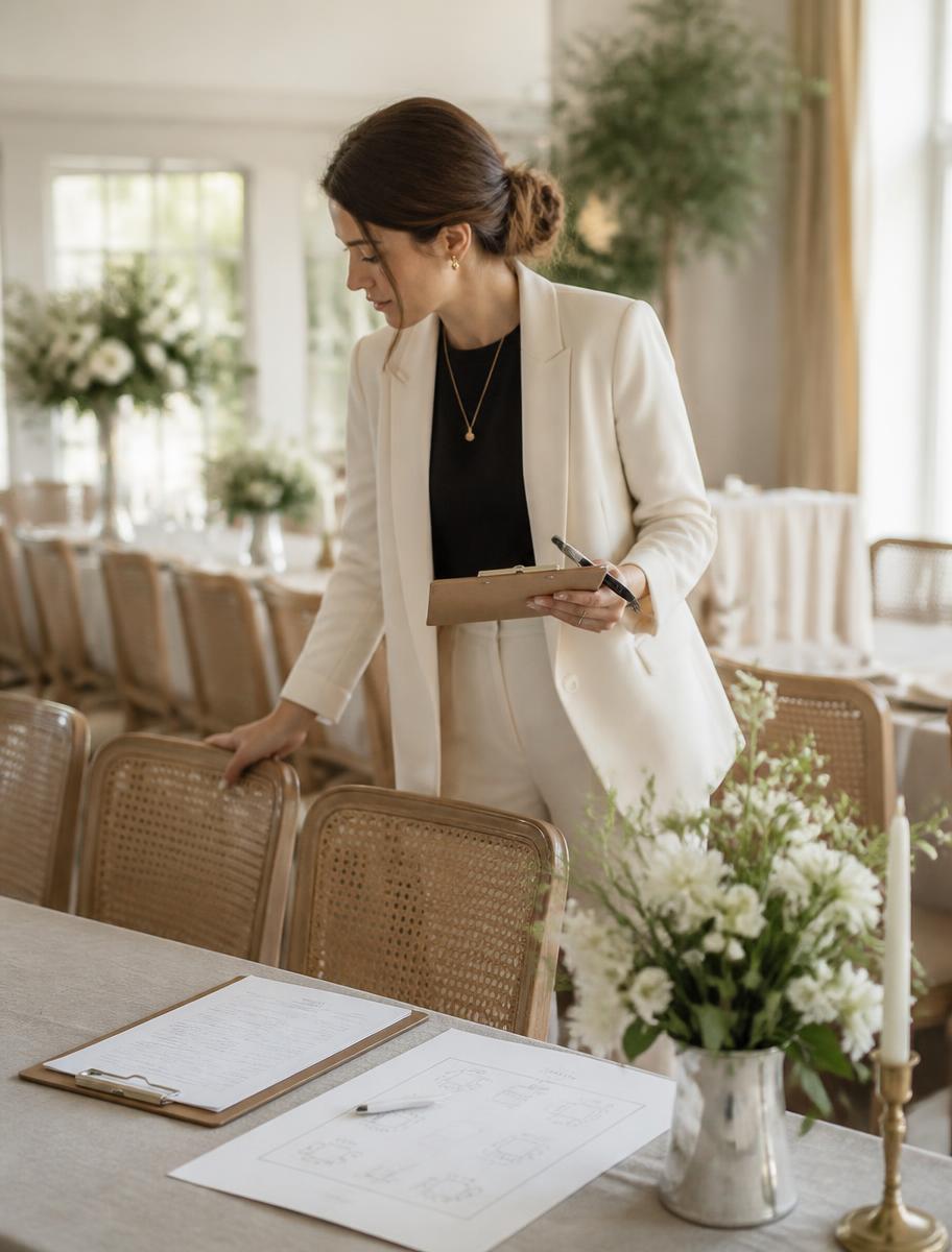 Wedding planner organizando una boda con todas sus parejas ordenadas